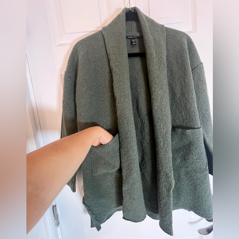 Eileen Fisher Wool Green Open Front Cardigan Sweater size PM - Picture 5 of 16